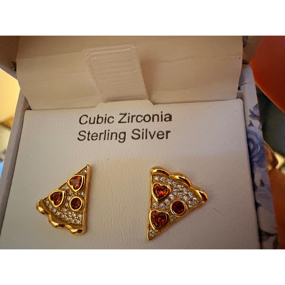 Rachel Zoe Pizza Stud Earrings Gold Sterling Silver Cubic Zirconia Red - Picture 5 of 8
